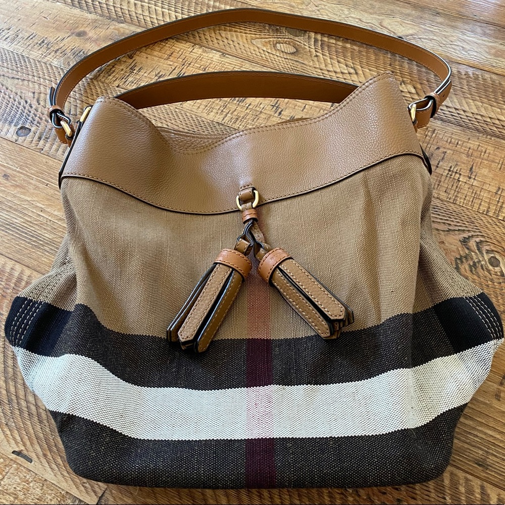 Burberry New Brit Grainy Check Medium Ashby Tassel Multicolor Canvas Hobo Bag